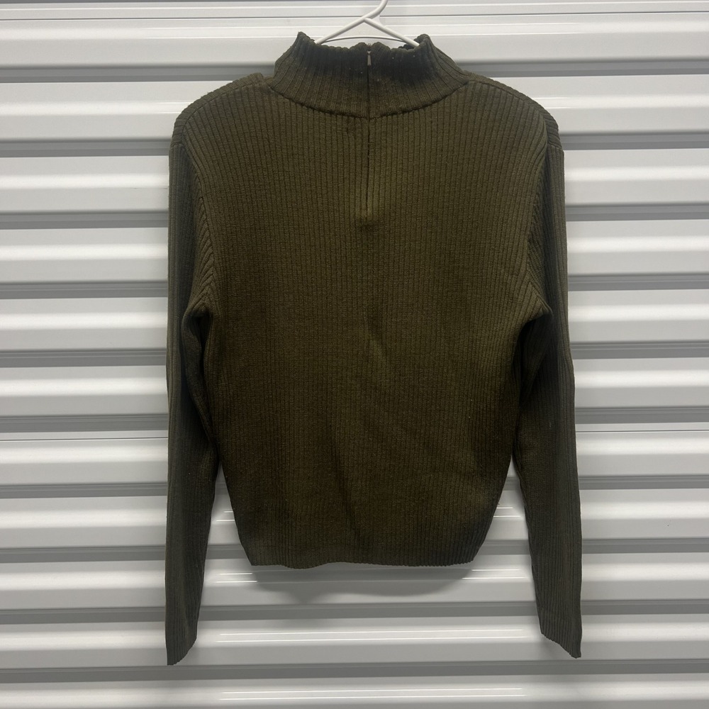 Carlisle Sweater Size L‎ Womens Olive Green Wool Silk Ribbed Half Zip Mock Neck